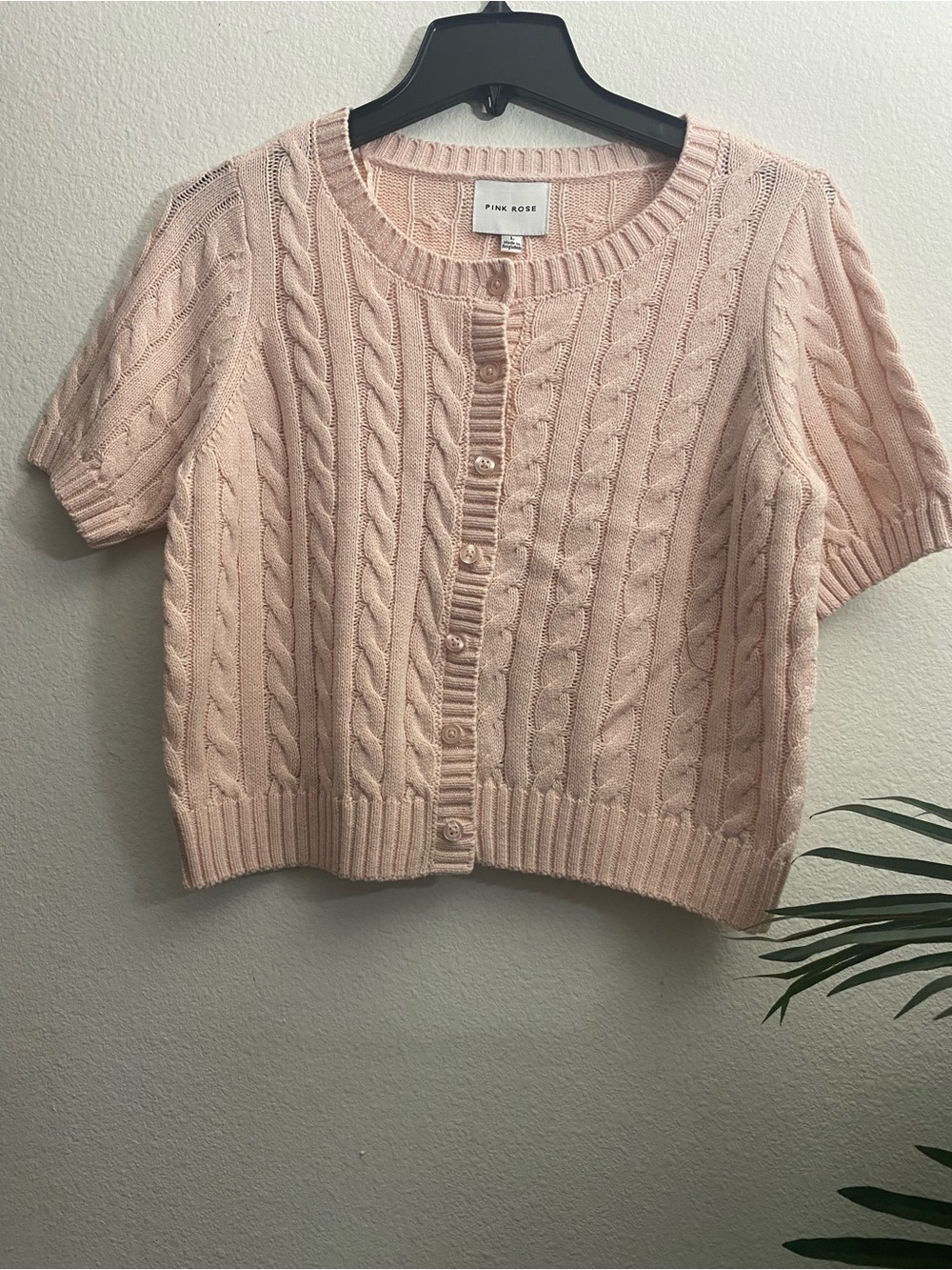 Pink Rose Cable Knit Short-Sleeve Cardigan in Blush Pink